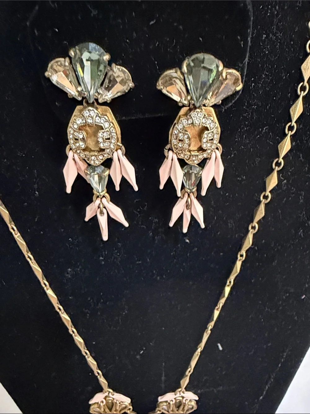 J. Crew Gold Necklace with Pink Accent Floral Drops and Matching Earrings